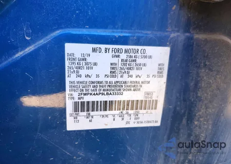 2020 Ford Edge St z USA, uszkodzony, nr VIN 2FMPK4AP9LBA33332